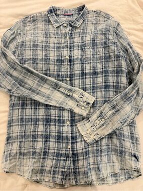 Tommy Bahama Blue & White Plaid Button-Down indigo sun fade Shirt 4XL Linen